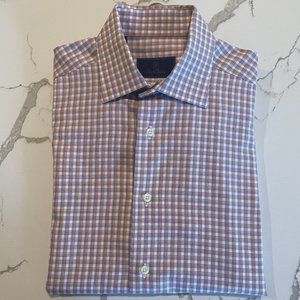 David Donahue Button Front Shirt, Size 15.5, 32/33, Plaid: (Blue Orange White)